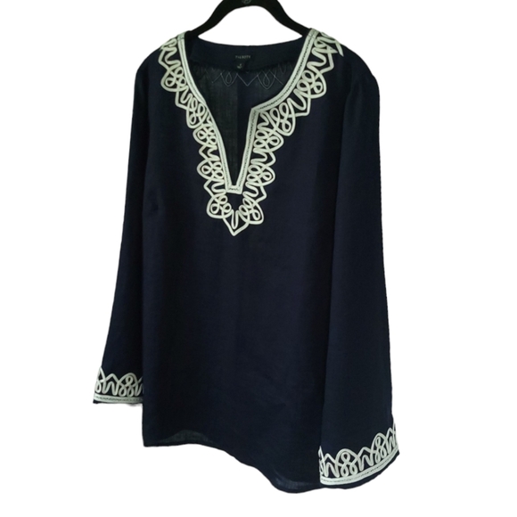 TALBOTS Small Linen Embroidered Nautical Coastal Preppy Tunic Top Navy & White - Picture 2 of 12